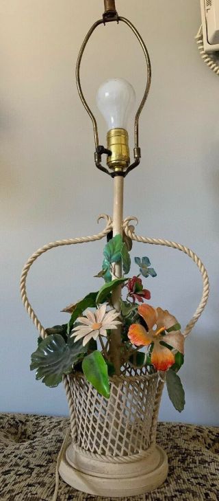 Vintage Tole Lamp Flowers 26” Tall Basket Weave Base With Flowers And Greens