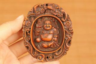Antique Old Boxwood Hand Carved Buddha Statue Netsuke Amulet Pendant Home Deco