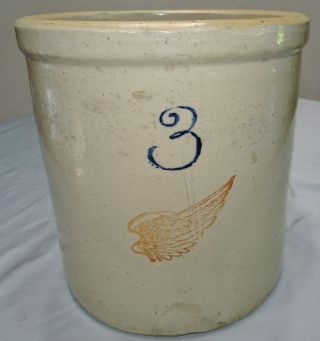Red Wing Large Wing 3 Gallon Crock Stoneware Pottery Vtg Antique