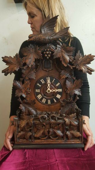 Large Antique Black Forest Mantle Cuckoo Clock From Germany
