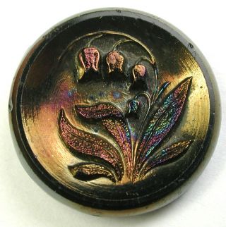 Bb Antique Black Glass Button Carnival Luster Lily Of The Valley Flowers - 7/8 "