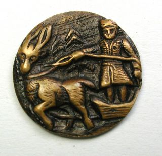 Bb Antique Brass Button Man In Sled Being Pulled By Reindeer - 11/16 "
