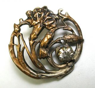 Bb Antique Pierced Brass Button Art Nouveau Carnation W/ Paste Accent - 9/16