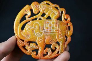 Exquisite Chinese old Jade Carved Two - sided Elephant/monkey Pendant H58 2