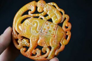 Exquisite Chinese old Jade Carved Two - sided Elephant/monkey Pendant H58 3