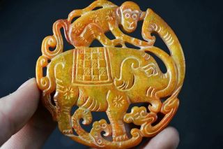 Exquisite Chinese old Jade Carved Two - sided Elephant/monkey Pendant H58 4