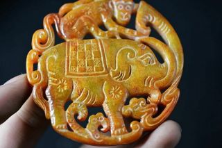 Exquisite Chinese old Jade Carved Two - sided Elephant/monkey Pendant H58 5
