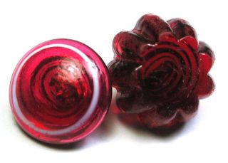 2 Antique Charmstring Glass Button Swirl Back Red Designs - 3/8 To 7/16 "