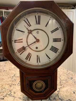 Antique Waterbury 8 Day Wall Clock With Pendulum - Runs
