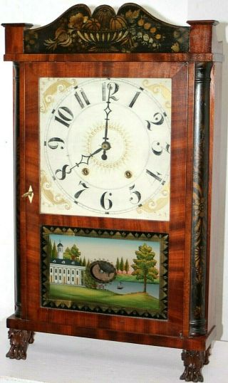 Antique Seymour,  Williams & Porter Wood Pillar & Splat Clock W/ Paw Feet.
