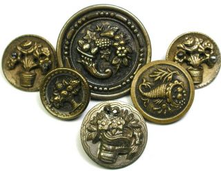 Antique Brass Buttons Flower Baskets & Cornucopias - 1/2 To 1 "