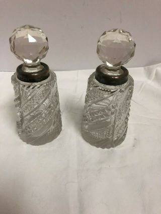 Antique Cut Glass Pair Victorian Perfume Bottles Sterling