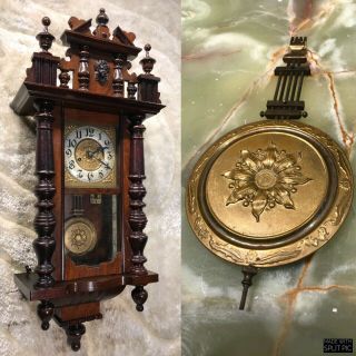 Vintage Antique Germaney Striking Wall Clock W Pendulum And Walnut Case