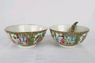 Fine Antique Chinese Porcelain Canton Famille Rose Bowls Porcelain Spoon