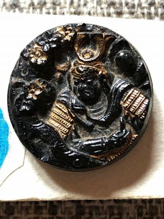 Antique Genghis Khan Black Glass Gold Luster Button 11/16 "
