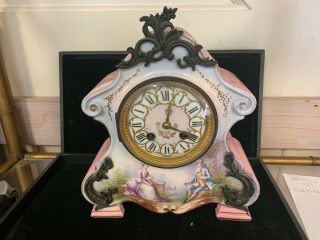Antique French Porcelain& Brass Mantle Clock Japy Freres Chiming Clock