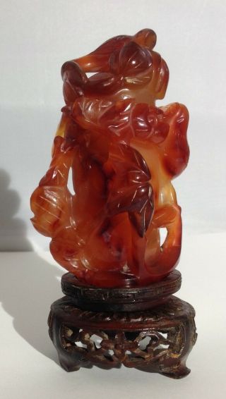 Antique Chinese Carved Agate Carnelian Stone Snuff Bottle W/ Wood Stand