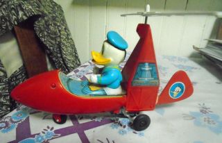 Vintage Donald Duck Gyrocopter Wind Up Toy Tin And Plastic Masudaya Japan