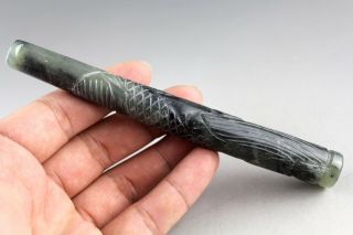 5.  6  Chinese Gray Green Jade Hand - Carved Dragon Grain Smoke Tobacco Pipe 0358