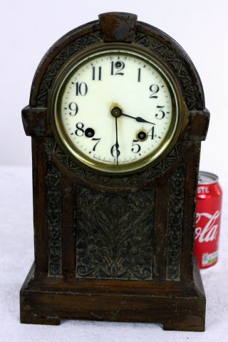 Vintage Ansonia Mantle Clock 1900’s,  Metal Case And Art Nouveau Faux Wood Detail