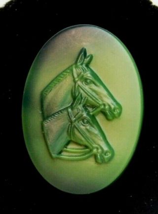 Collectible Button Olive Green Wafer Glass 2 Horses Oval R