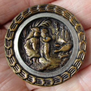 1 7/16 " Ant.  Stamped & Tinted Brass Button,  " Hansel & Grethel " Bbb Page 652,  5