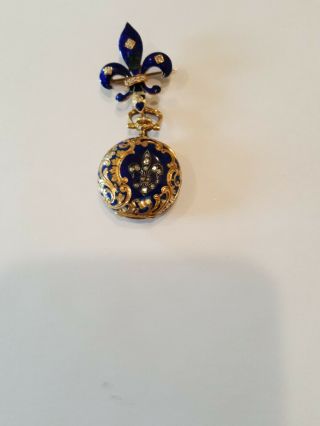 18k Blue Enameled Fleur De Lis Ladies Open Face French Pocket Watch And Fob