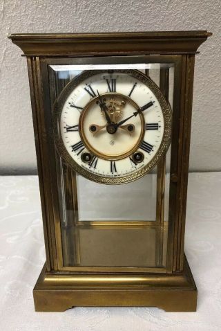 Vtg Antique Brass Ansonia Mantel Clock Co Porcelain Face Beveled Glass Heavy