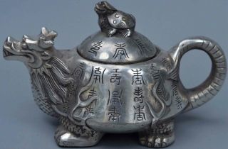 Collectable Handwork Art Old Miao Silver Carve Dragon Tortoise Precious Tea Pot