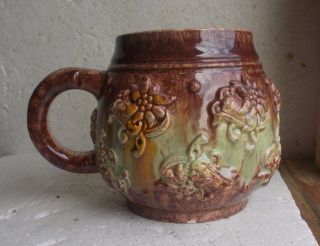 Antique Art Pottery Stoneware Mug Royal Doulton Style Emb Raised Flowers