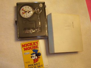 VINTAGE MICKEY MOUSE POCKET WATCH SET W /BOX PAPERS,  DISNEY BRADLY TIME 2