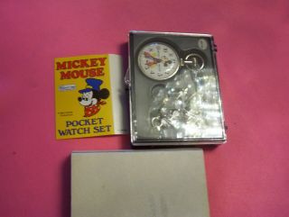 VINTAGE MICKEY MOUSE POCKET WATCH SET W /BOX PAPERS,  DISNEY BRADLY TIME 4