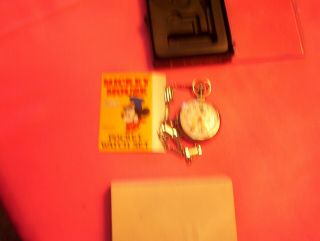 VINTAGE MICKEY MOUSE POCKET WATCH SET W /BOX PAPERS,  DISNEY BRADLY TIME 5