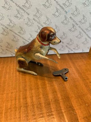 Vintage Tin Toy Wind Up Dog With Key - Made In Us Zone Germany