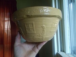 10 " Mccoy Pottery Yellowware Stoneware Bowl Girl Watering Garden With Windows