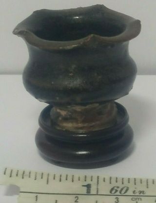 Chinese Antique Song Dynasty Miniature Brown Glazed Pottery Vase On Wood Stand