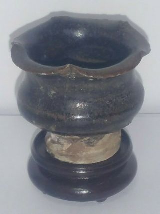 Chinese Antique Song Dynasty Miniature Brown Glazed Pottery Vase On Wood Stand 3