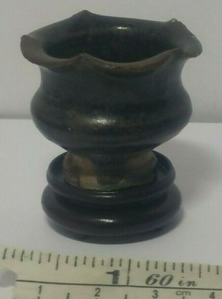 Chinese Antique Song Dynasty Miniature Brown Glazed Pottery Vase On Wood Stand 5