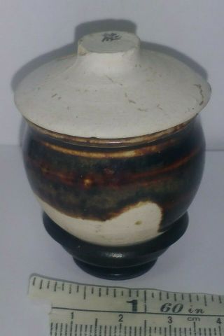 Chinese Antique Song Dynasty Miniature Brown Glazed Jar With Lid On Wood Stand.