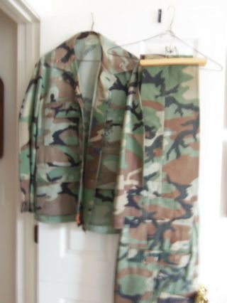 Usmc Military Woodland Camo Field Uniform Shirt & Pants Sz Small With Cwo3 Insig