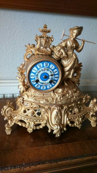 Antique Mantle Clock French Stunning blue Sevres & Gilt 1870 ' s Figural gilt 2