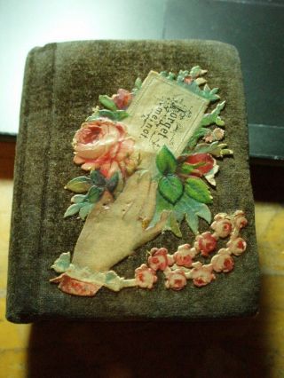 Antique Victorian Forget Me Not Velvet Needle Sewing Book Shaped Case & Thimble