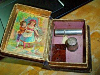 ANTIQUE VICTORIAN FORGET ME NOT VELVET NEEDLE SEWING BOOK SHAPED CASE & THIMBLE 2