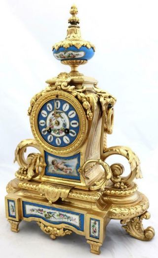 Antique French Mantle Clock Gilt Metal & Blue Sevres 8day By Japy