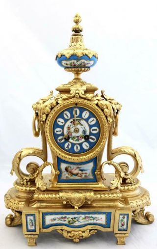 Antique French Mantle Clock Gilt Metal & Blue Sevres 8Day By Japy 2