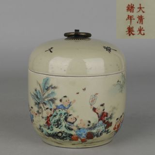 Chinese Antique Porcelain Qing Guangxu Famille Rose Child Tea Canister Pot