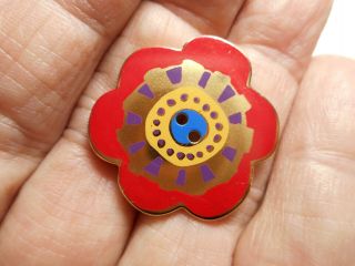 Red Flower Laurel Burch Design Enamel Brass Button 1 - 1/8 " Rs