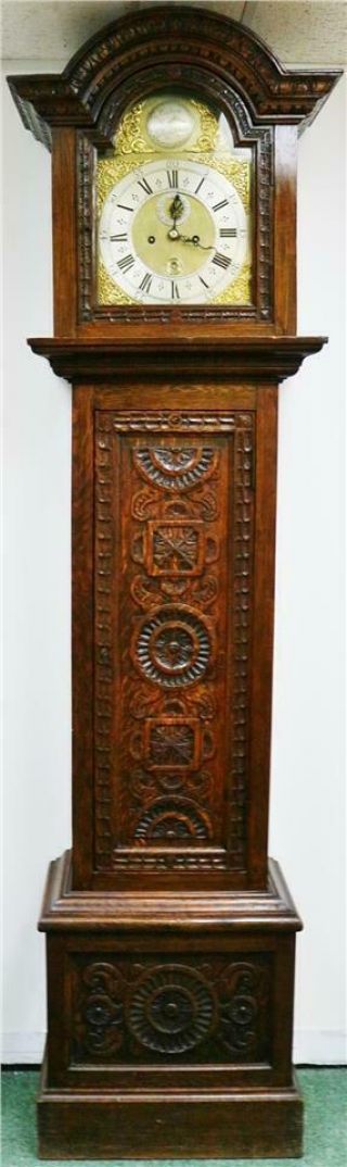 Antique English C1731 8 Day London Highly Carved Oak Grandfather Longcase Clock