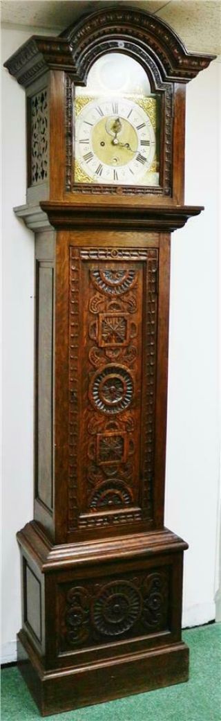 Antique English C1731 8 Day London Highly Carved Oak Grandfather Longcase Clock 2