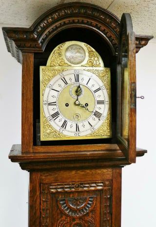 Antique English C1731 8 Day London Highly Carved Oak Grandfather Longcase Clock 9